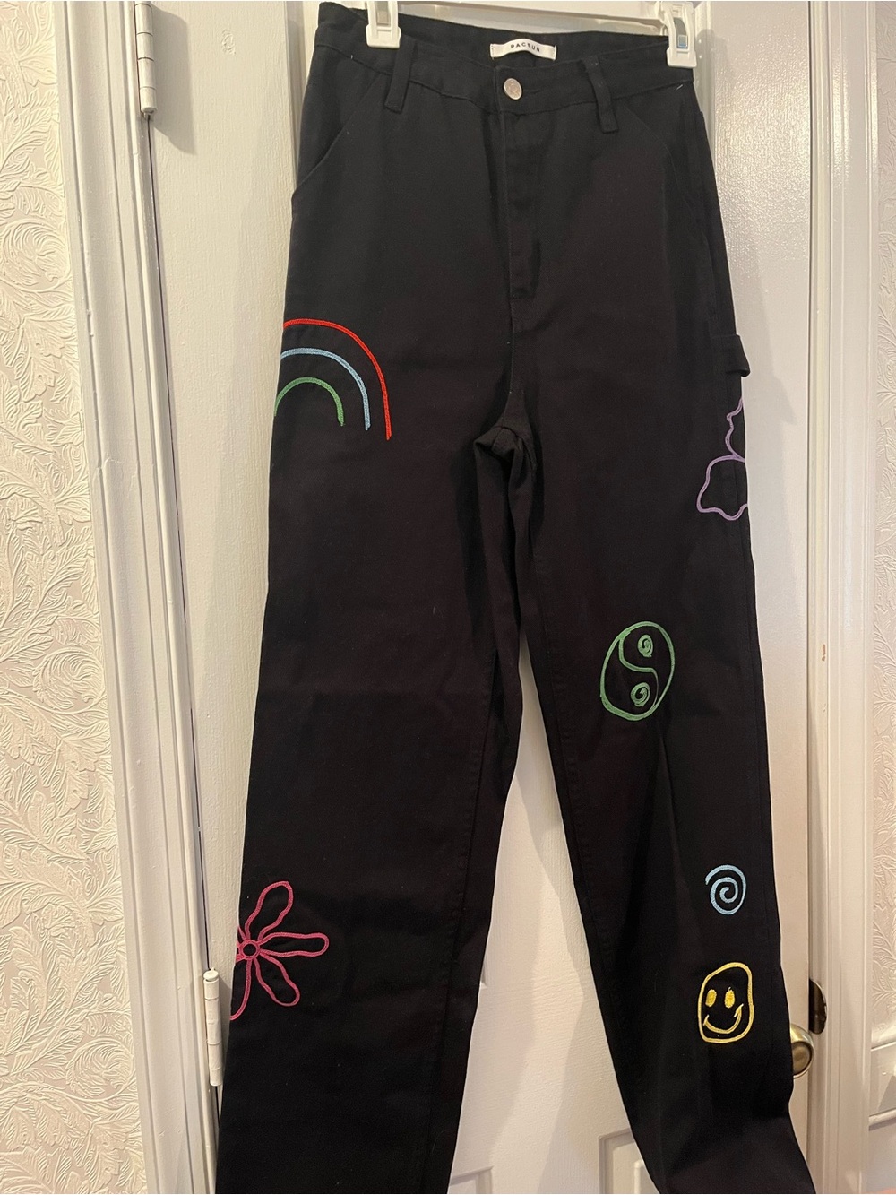 PacSun Black Wide Leg Pants with Neon Doodle Embroidery Carpenter pants 90’s